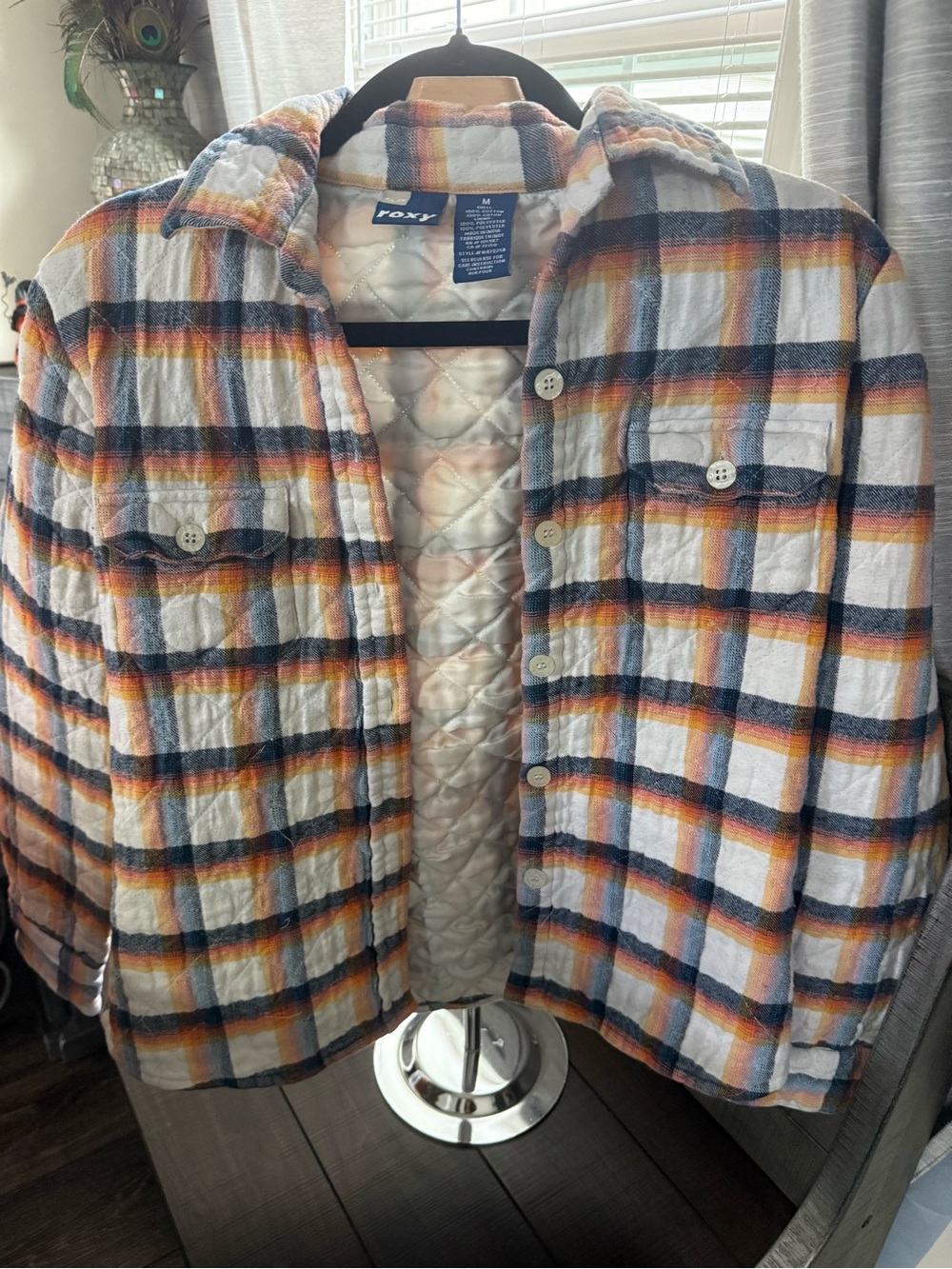 ROXY Quilted Lined Plaid Button-Up Shirt Jacket - White/Blue/Orange